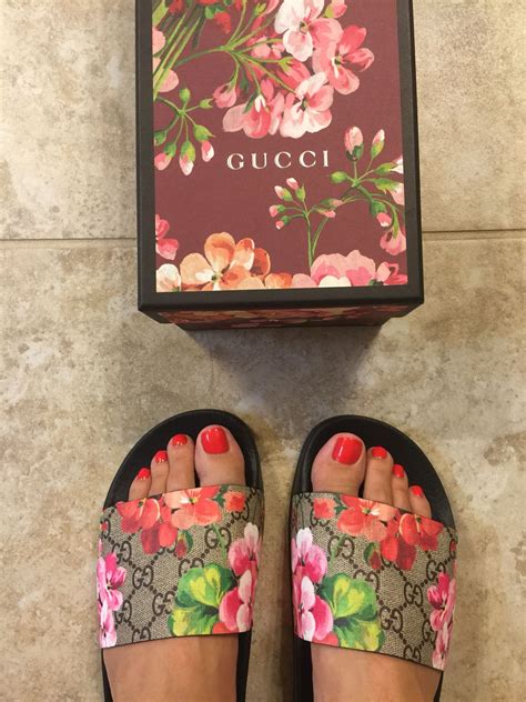 gucci flower pattern shoes|Gucci floral slides outfit.